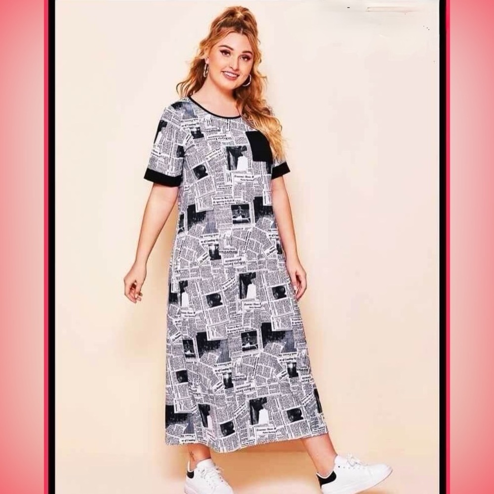SHEIN Newspaper Print Dress with Black Pocket – Size OXL